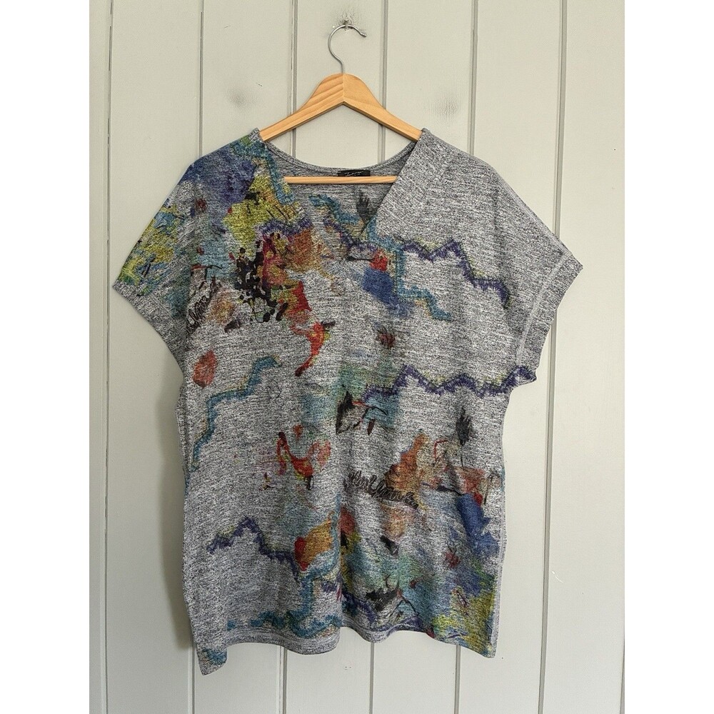 Women's Inoah Artsy Abstract Print V-Neck Tunic Top L Large Lagenlook Gray S/S